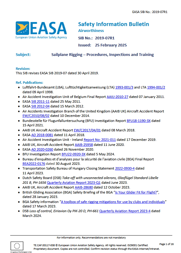 EASA bulletin on rigging 2025